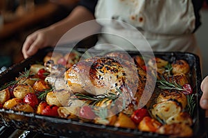 Housewife prepares roast chicken in the oven, view from the inside of the oven. Cooking in the oven