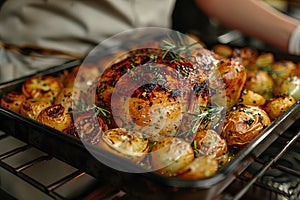 Housewife prepares roast chicken in the oven, view from the inside of the oven. Cooking in the oven