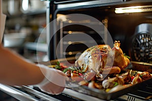 Housewife prepares roast chicken in the oven, view from the inside of the oven. Cooking in the oven