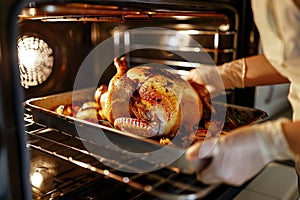 Housewife prepares roast chicken in the oven, view from the inside of the oven. Cooking in the oven