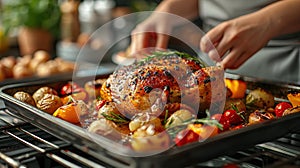 Housewife prepares roast chicken in the oven, view from the inside of the oven. Cooking in the oven