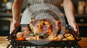 Housewife prepares roast chicken in the oven, view from the inside of the oven. Cooking in the oven