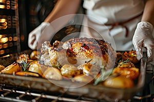 Housewife prepares roast chicken in the oven, view from the inside of the oven. Cooking in the oven