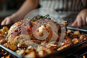 Housewife prepares roast chicken in the oven, view from the inside of the oven. Cooking in the oven