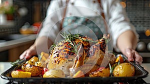 Housewife prepares roast chicken in the oven, view from the inside of the oven. Cooking in the oven