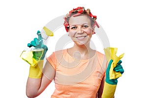 Housewife with rag wipe and cleaning spray