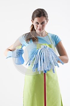 Housewife Ready To Fight With Spray Bottle and Mop