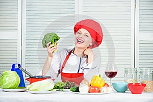 Housewife daily routine. Girl adorable chef. Housewife cooking and drink wine. Enjoy easy ideas for dinner. Woman enjoy