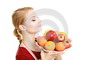 Housewife or seller offering healthy fruit isolated