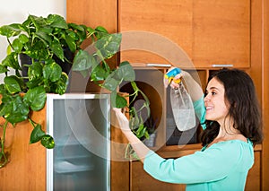 Housewife with spray houseplant