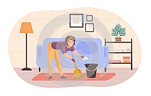 Housewife sweeping floor with broom at living room. Young woman in rubber gloves cleaning room in apartment using broom. House
