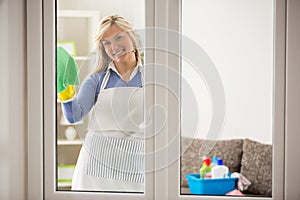 Housewife washing windows