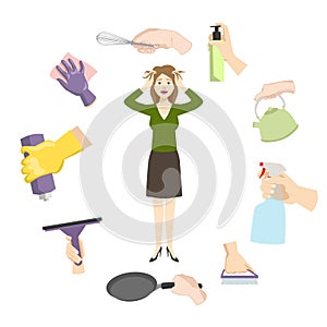 Housewife woman stress from daily home burdens and problems vector illustration. Woman exhausted in stress overloaded