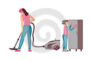 Housewife woman with vacuum cleaner cleaning room.
