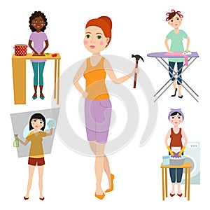 Housewifes homemaker woman cute cleaning cartoon girl housewifery female wife character vector illustration.