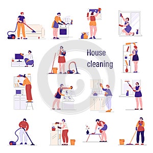 Housewives are cleaning the living room kitchen. Set of vector illustrations in flat style