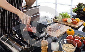 Housewives are frying steaks in the modern kitchen