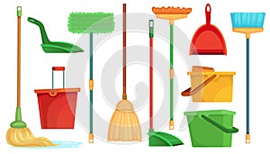 Housework broom and mop. Sweeper brooms, home cleaning mops and cleanup broom with dustpan isolated cartoon vector photo