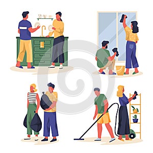 Housework cleanup or housekeeping, vector banners