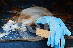 Housework and housekeeping concept. Scrubbing the stove and oven. Yellow sponge with soapy water and blue rubber gloves