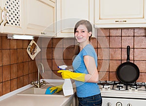 Housework and housekeeping concept. Young woman with cleaning sp