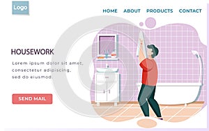 Housework landing page template with man wipes his hands with towel in bathroom. Guy washes his face