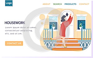 Housework landing page template with woman proprietress standing hands up in doorstep outdoor