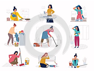 Daily housework. Sad unhappy woman cleaning room routine work daily activities people ironing girl washing mother