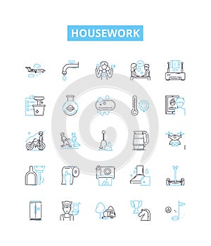 Housework vector line icons set. Cleaning, Dusting, Laundering, Vacuuming, Mopping, Ironing, Dishes illustration outline
