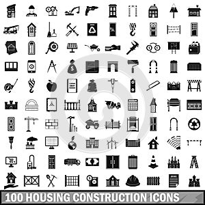 100 housing construction icons set, simple style