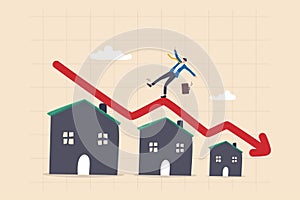 Housing price falling down, real estate and property crash, value drop or decline, home loan or mortgage risk concept, businessman