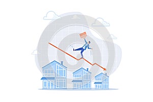 Housing price falling down, real estate and property crash, value drop or decline, home loan or mortgage risk concept, flat vector