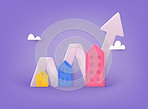 Housing price rising up, real estate investment or property growth concept. Arrow chart rising house prices. 3D Web Vector