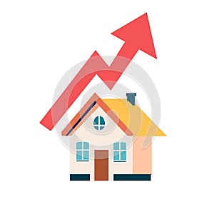 Housing price rising up. Real estate investment or property growth concept, house with arrow graph. Isolated vector illustration