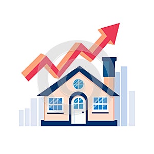 Housing price rising up. Real estate investment or property growth concept, house with arrow graph. Isolated vector illustration