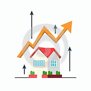 Housing price rising up. Real estate investment or property growth concept, house with arrow graph. Isolated vector illustration