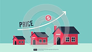 Housing price rising up, real estate or property growth concept with rising curve arrow
