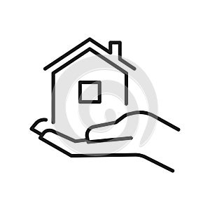 Housing provision concept monochrome line icon vector illustration. Human hand hold house photo