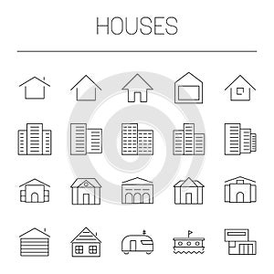 Housing theme - houses, mansions, apartment buildings, cottages. Simple thin line vector icon set