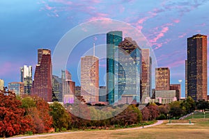 Houston City skyline at sunset in Houston, Texas, USA