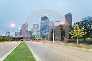 Houston Downtown from Allen Parkway at blue hour