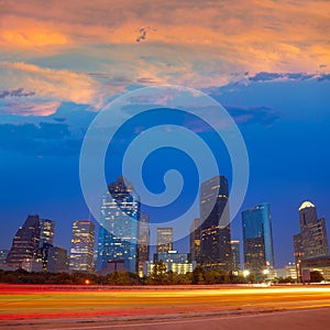 Houston downtown skyline at sunset dusk Texas