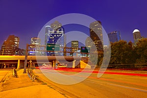 Houston downtown skyline at sunset dusk Texas