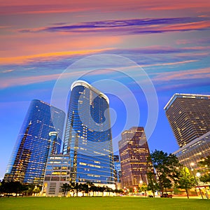 Houston Downtown skyline sunset at Texas US