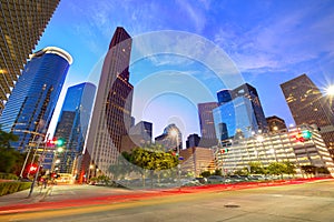 Houston Downtown skyline at sunset Texas US