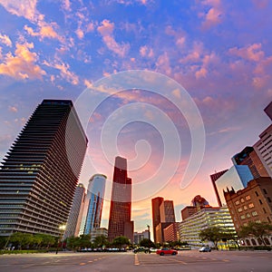 Houston Downtown skyline at sunset Texas US