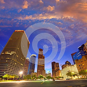 Houston Downtown skyline at sunset Texas US