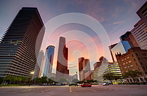 Houston Downtown skyline at sunset Texas US