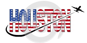 Houston flag text with plane and swoosh illustration