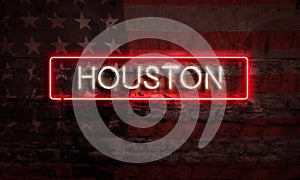 Houston Neon Sign On Brick American Flag